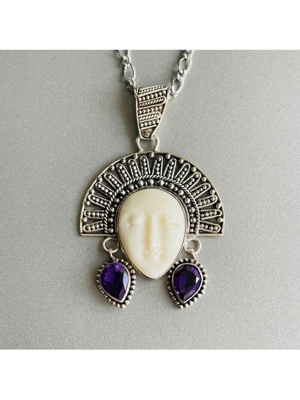 ARTISAN SUN GODDESS MOON FACE AMETHYST STERLING SILVER PENDANT SAJEN STY…